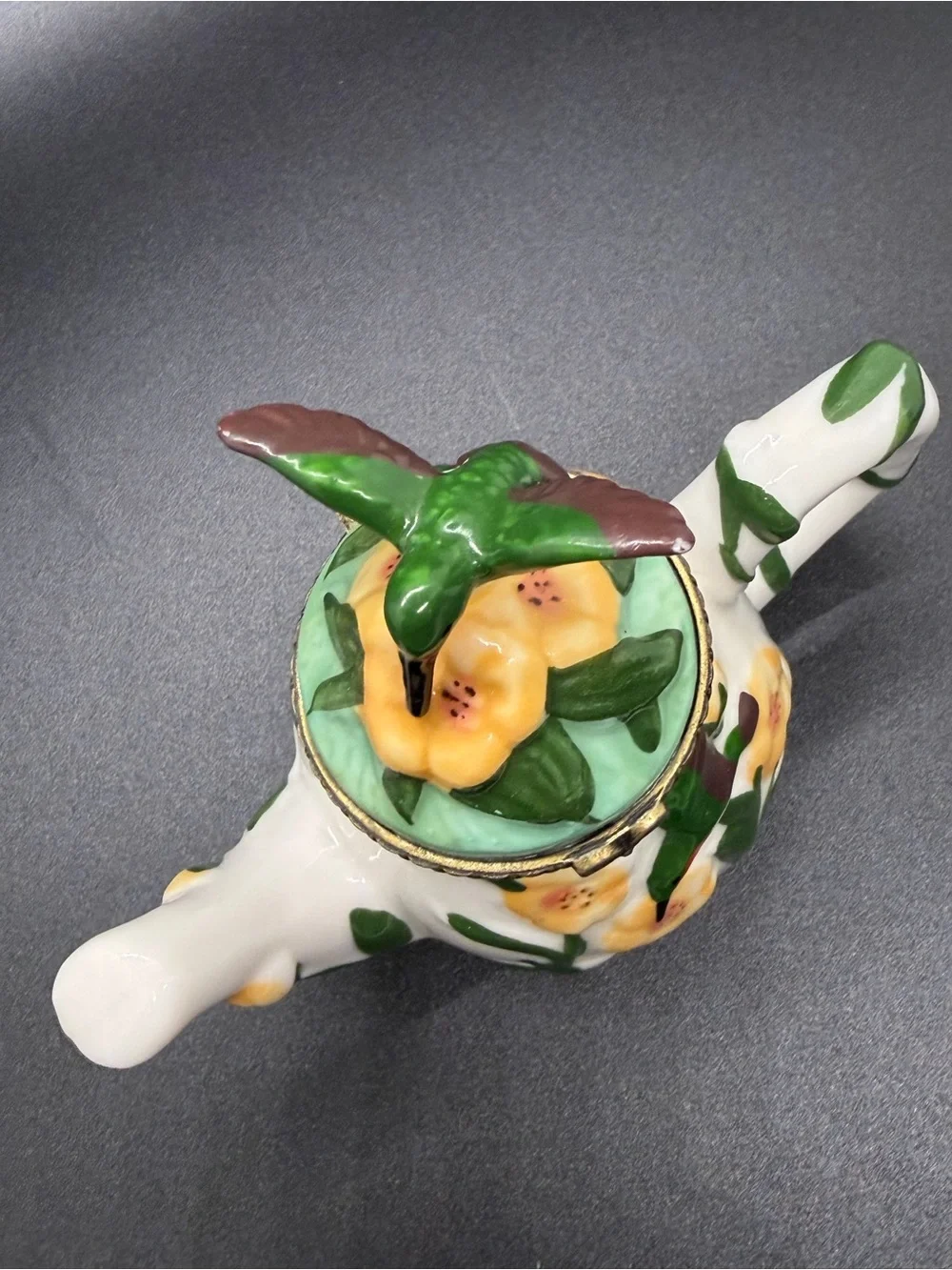 Hand-Painted Ceramic hummingbird and flower teapot trinket box